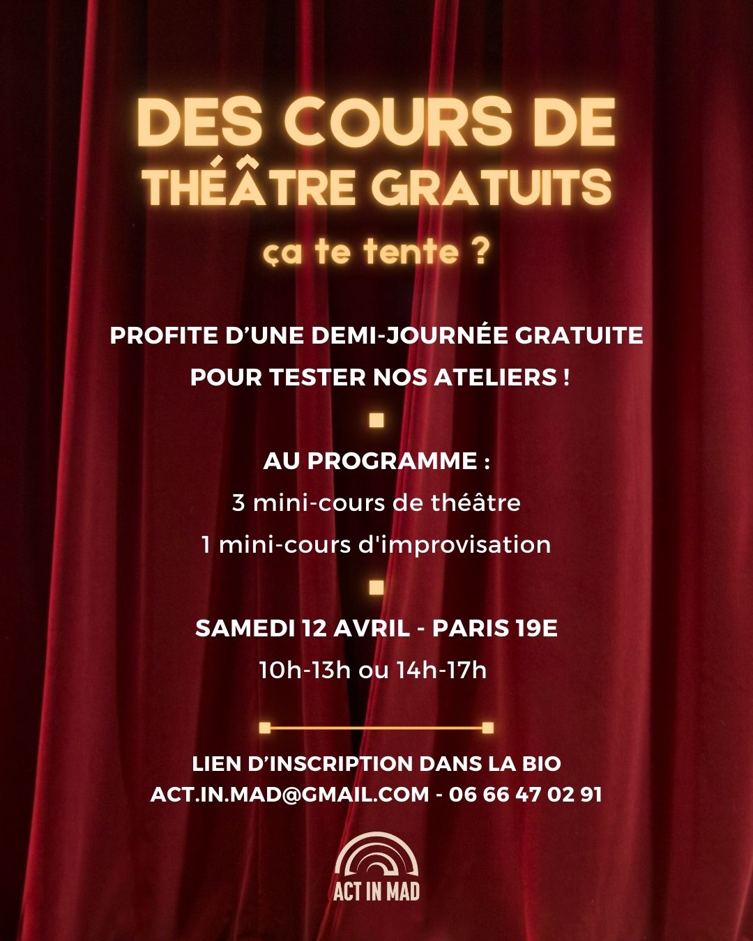 annonce pour les cours de theatre gratuit